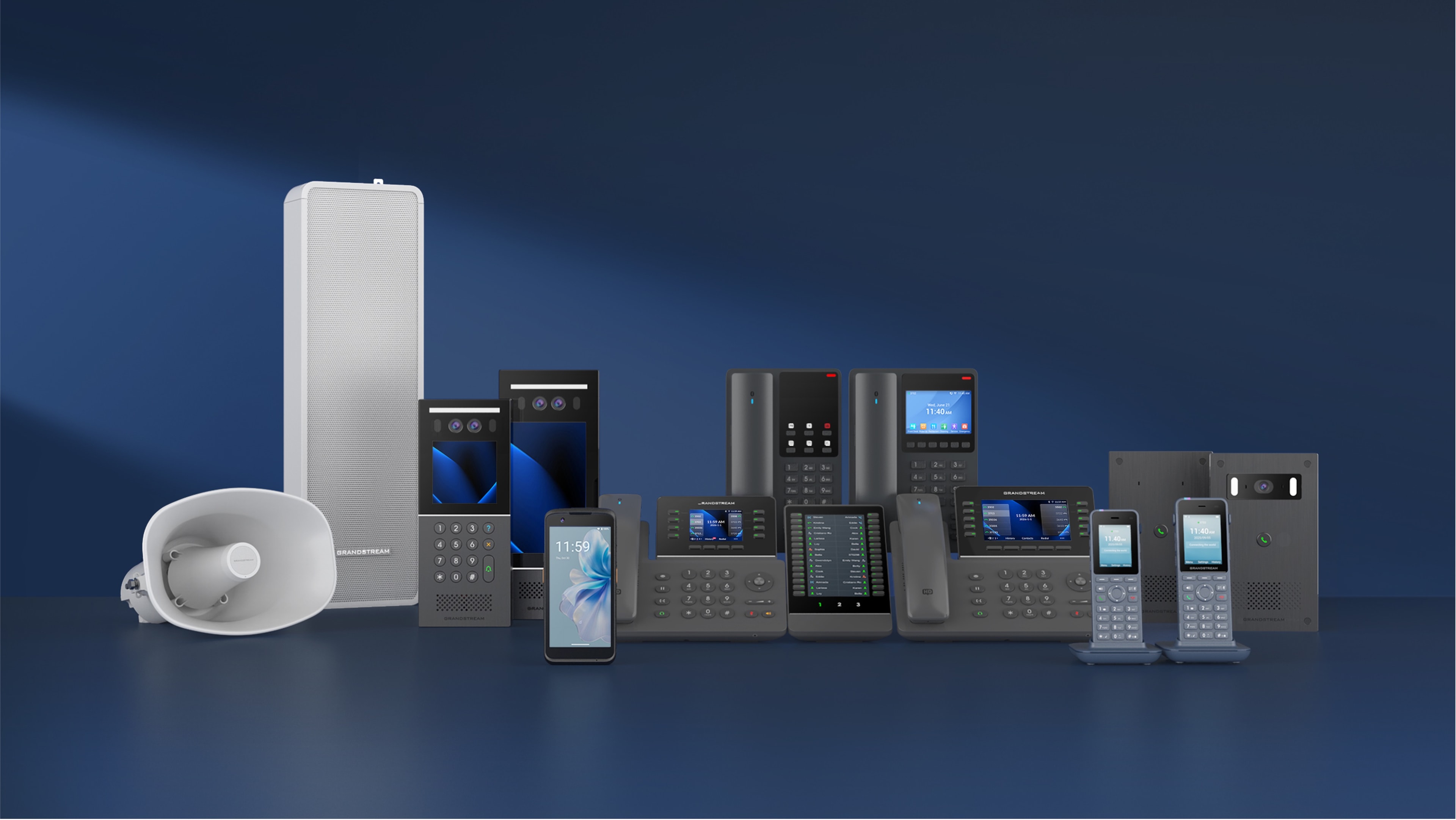 FATPBX complete business communications product lineup including phones, PA systems, intercoms, headsets, and access points